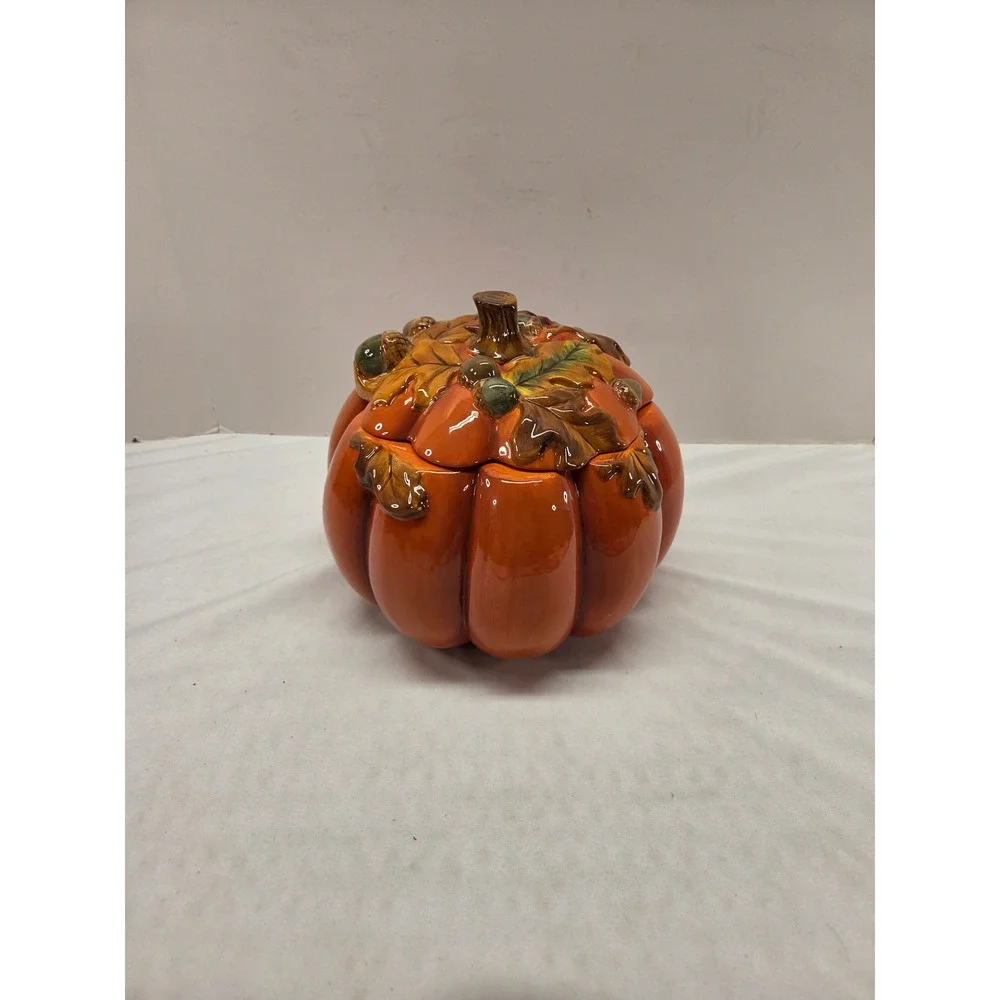 Ceramic Pumpkin Cookie Jar Fall Harvest Orange Glazed Lidded Canister Acorn Leaf
